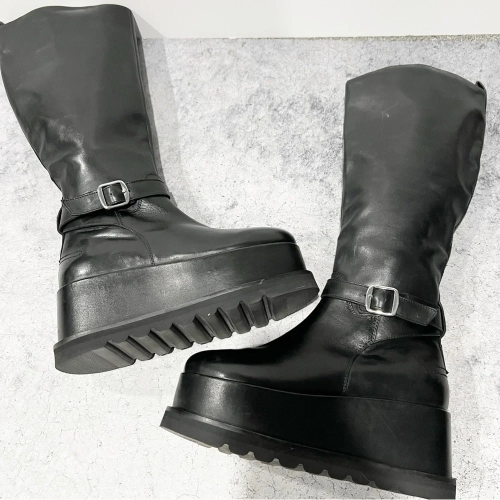 Free People Not for Riding Platform Tall Boots Black Leather Size 6.5 NEW